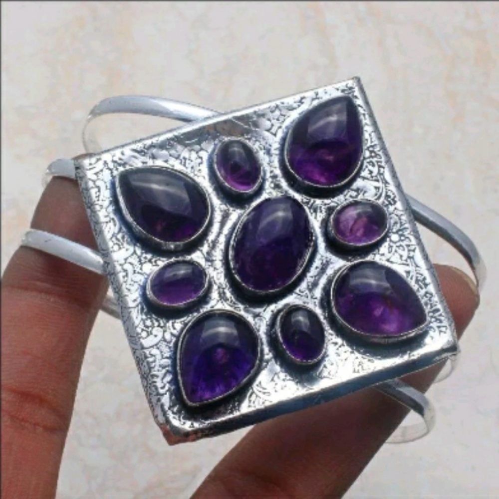 New Oversized Amethyst 925 Silver Cuff Bracelet.